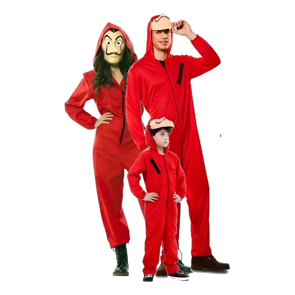 Kit Fantasia La Casa De Papel Adulto Infantil + Com Máscara Salvador Dali Macacão Vermelho