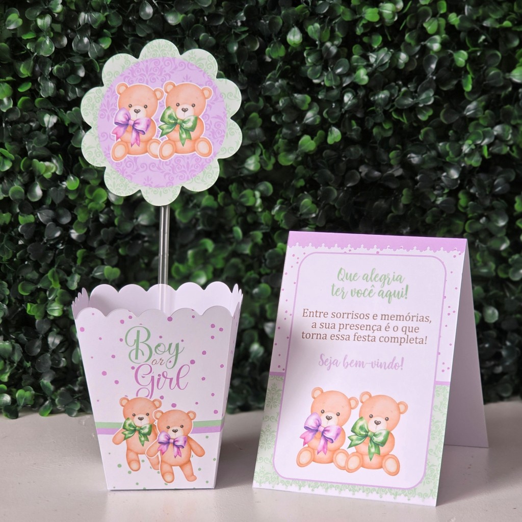 Centros de mesa + Plaquinhas CHÁ REVELAÇÃO LILÁS E VERDE festa infantis lembrancinhas decoração personalizados