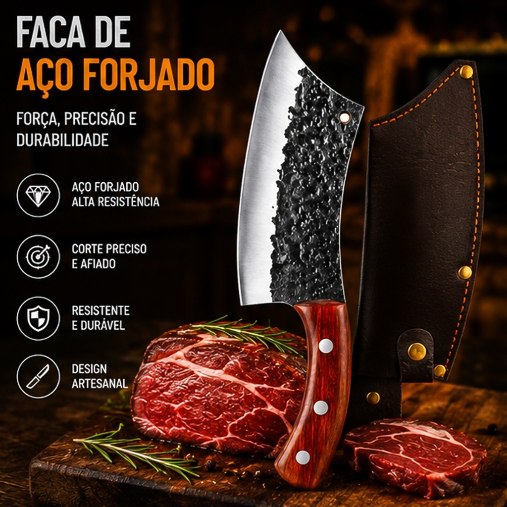 Cutelo Curvado de Aço Forjado Artesanal Profissional Com Bainha Cabo Ergonômico Churrasco Açougue