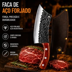 Cutelo Curvado de Aço Forjado Artesanal Profissional Com Bainha Cabo Ergonômico Churrasco Açougue