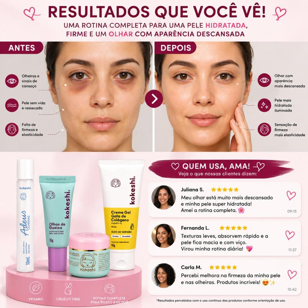Kit Kokeshi: Adeus Olheiras 10ml, Creme Hidratante, Creme Gel Gotas de Colágeno e Creme Facial Pele de Porcelana — imagem 2 de 2