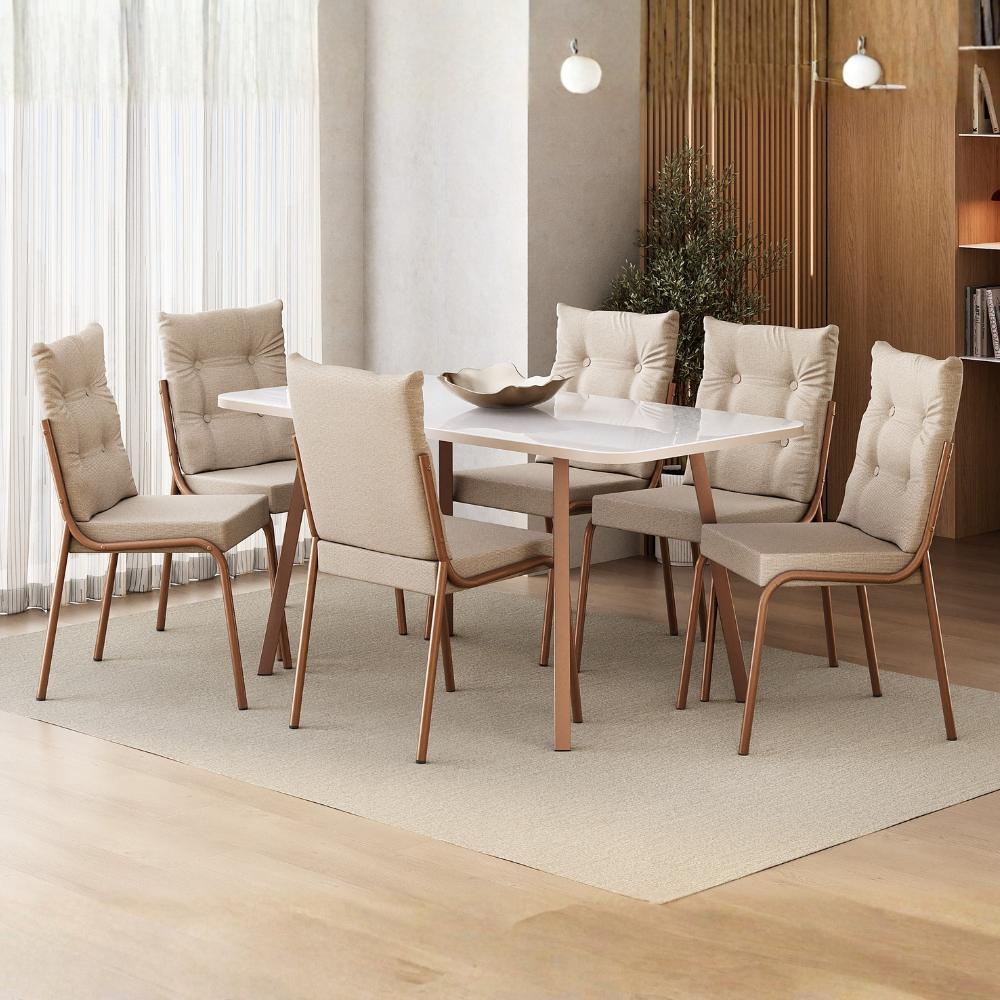 Conjunto Sala de Jantar 6 Cadeiras Roma Carraro Off White Rosê