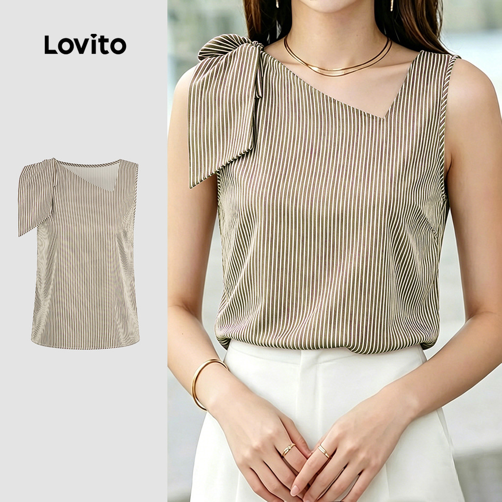 (New Arrival) Lovito Top Casual Assimétrica com Laço de Primavera/verão Cáqui pa