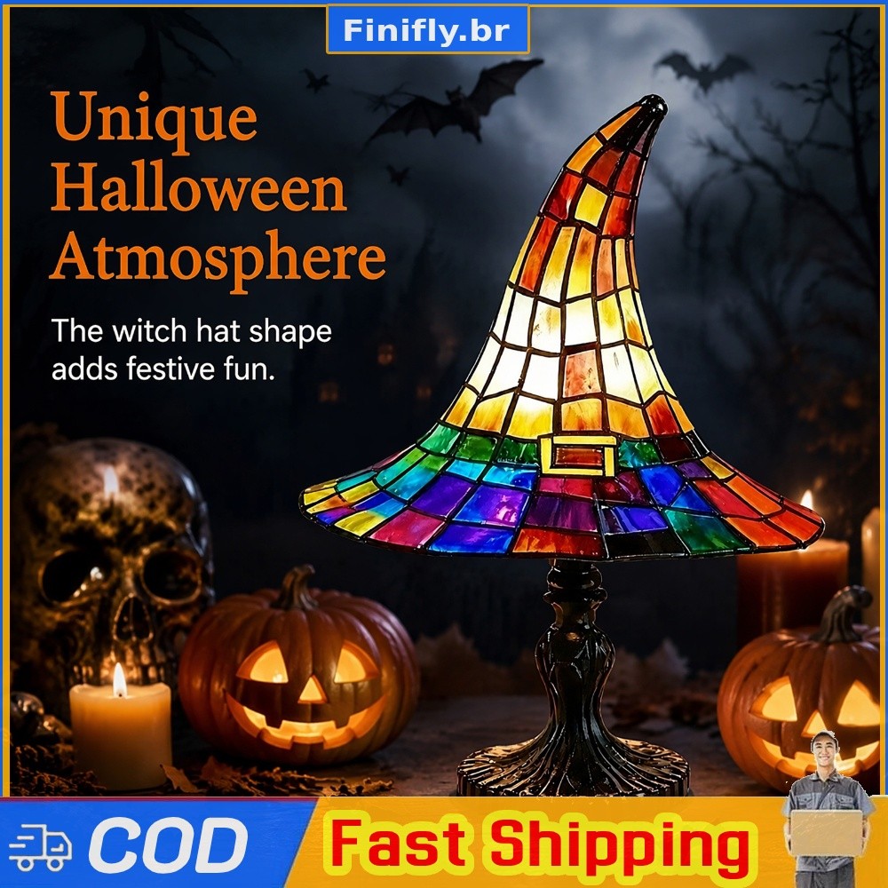 Halloween Bruxa Chapéu Lâmpada De Resina USB Luz Noturna Brilho Quente Ornamento De Mesa Decoração De Destaque De Férias