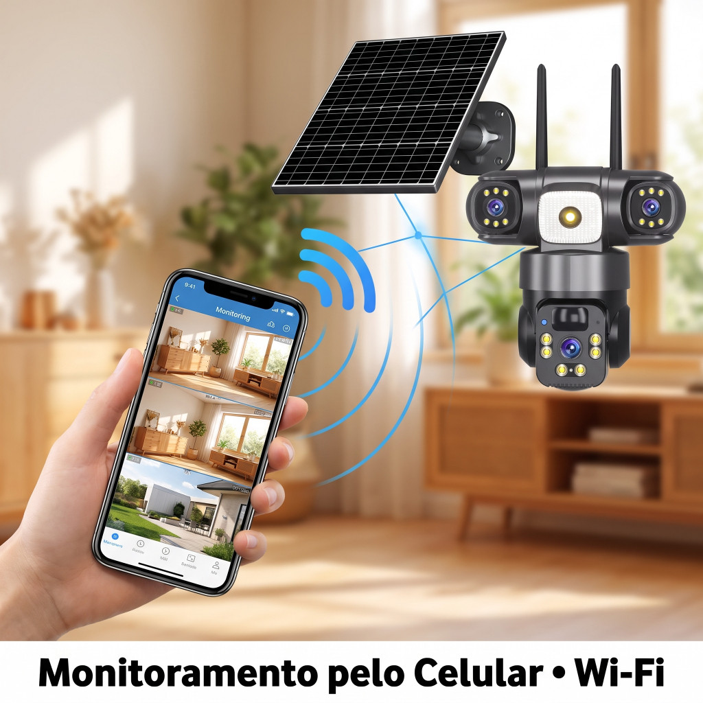 Câmera de Segurança Solar Wi-Fi 3 Lentes PTZ HD Visão Noturna Monitoramento pelo Celular