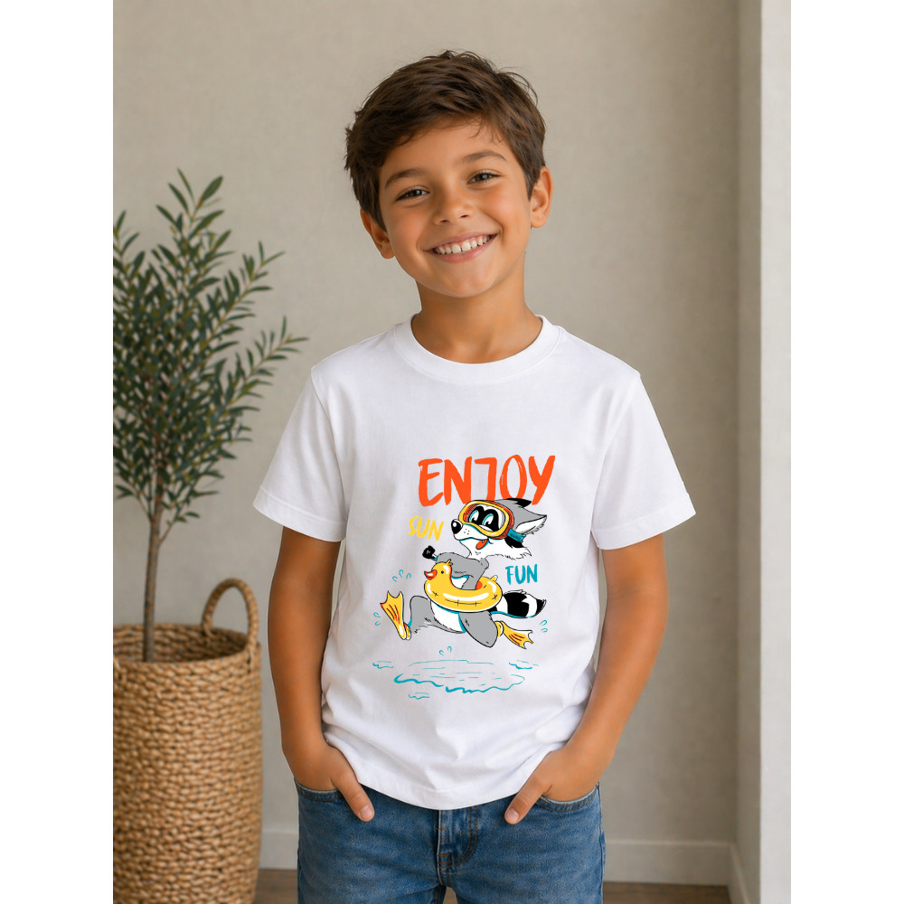 Camiseta Blusa Infantil Desenho Cachorro Piscina Calor Verão Meninos Unissex Crianças em Algodão 100% Confortável