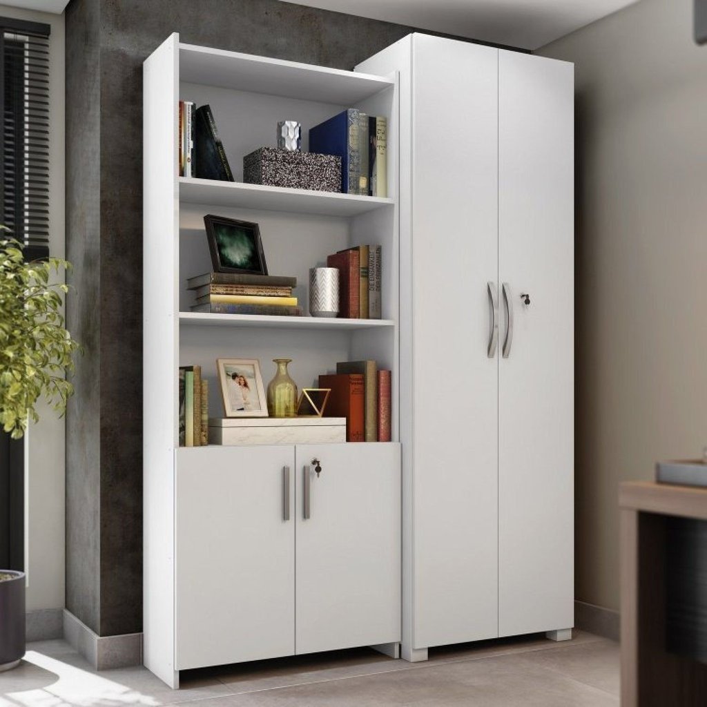 Kit Armários para Escritório Semi Aberto 2 Portas e Armário Alto com Chave Branco Branco