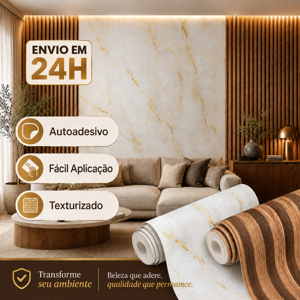 Papel de Parede Adesivo 10M e 5M Marmorizado Ripado Autocolante Marmore Dourado Ripado Madeira Sala Quarto