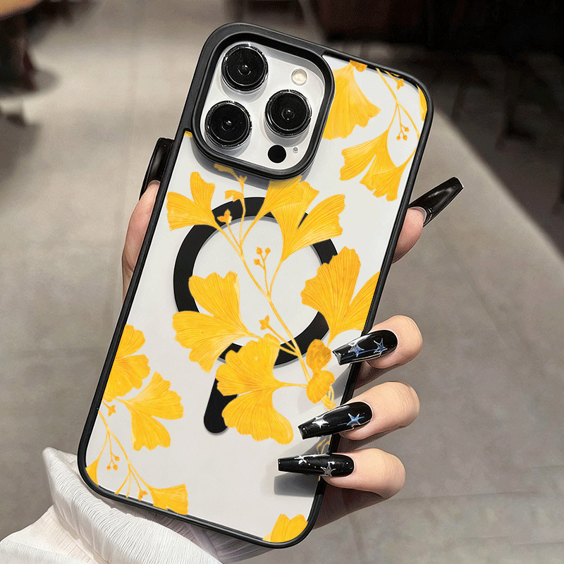 Capa De Telefone Para Samsung Galaxy A06 A16 A26 A36 A54 A55 A56 A57 A35 A07 A17 A37 Folhas Douradas Ginkgo Magnética