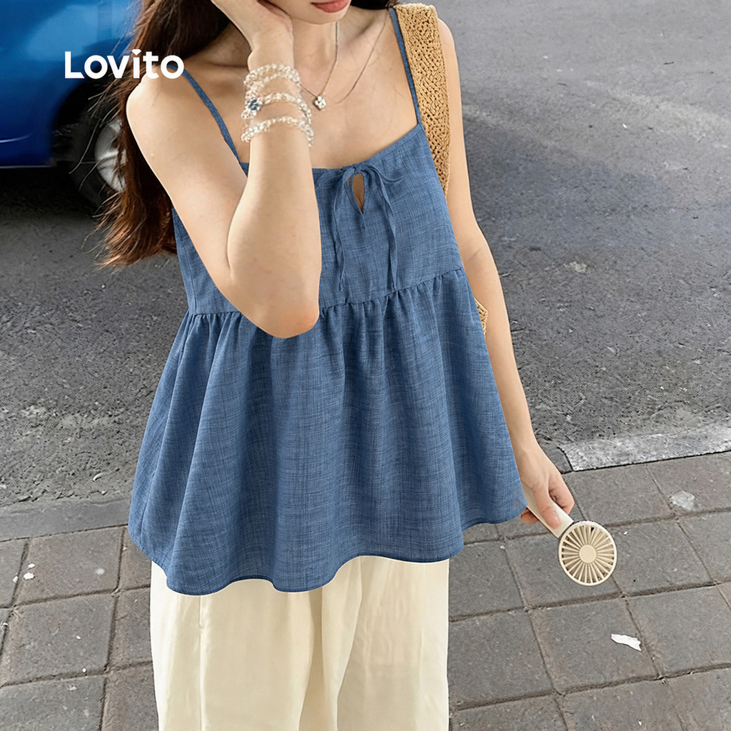 Lovito Top Feminino Casual com Laço Frontal e Bainha de Babado em Azul Claro Primavera/Verão TKB202P2D113 — imagem 2 de 2