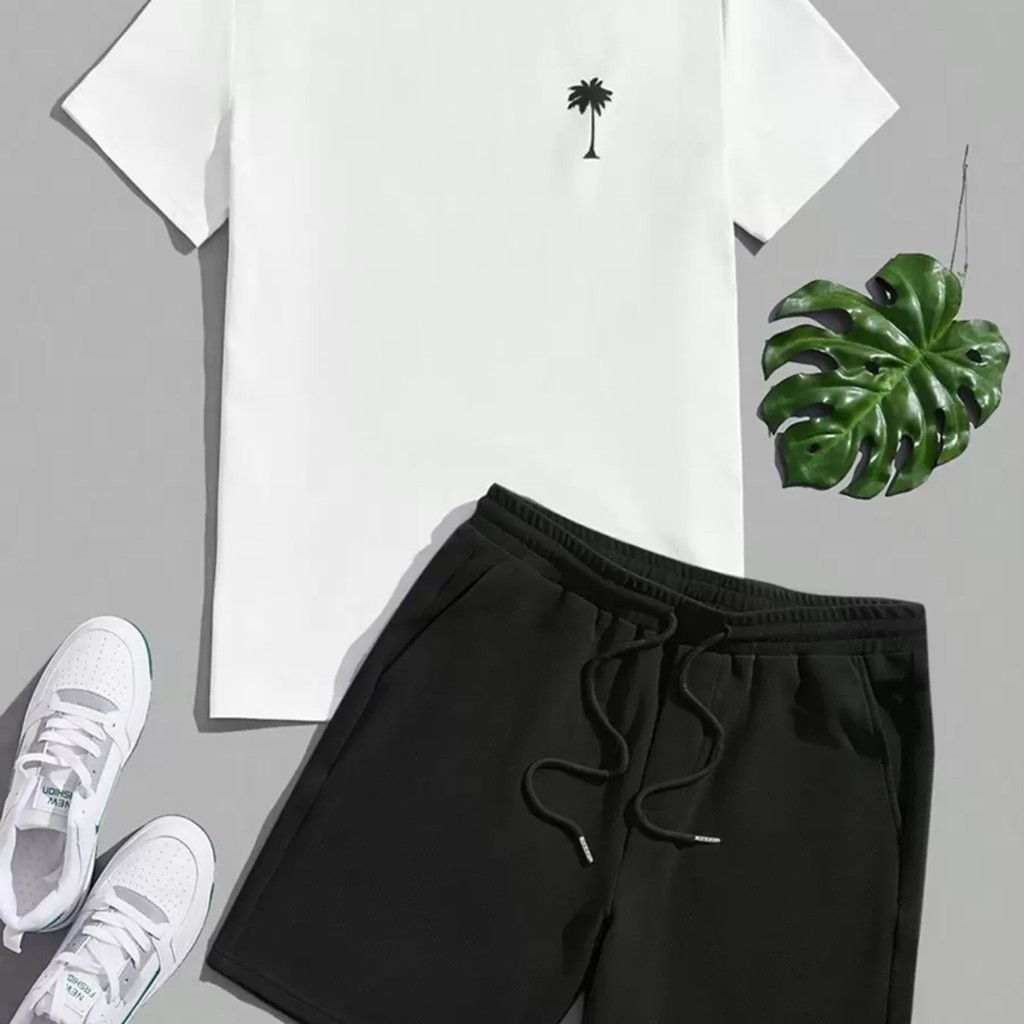 Conjunto Masculino Camiseta Coqueiro Algodão Premium Bermuda Linho Mauricinho Casual Verão Praia Confortável Estiloso