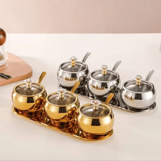 Kit 3 potes Açúcar condimentos com bandeija, aço inox 304 esférico cozinha luxuoso moderno  TLG