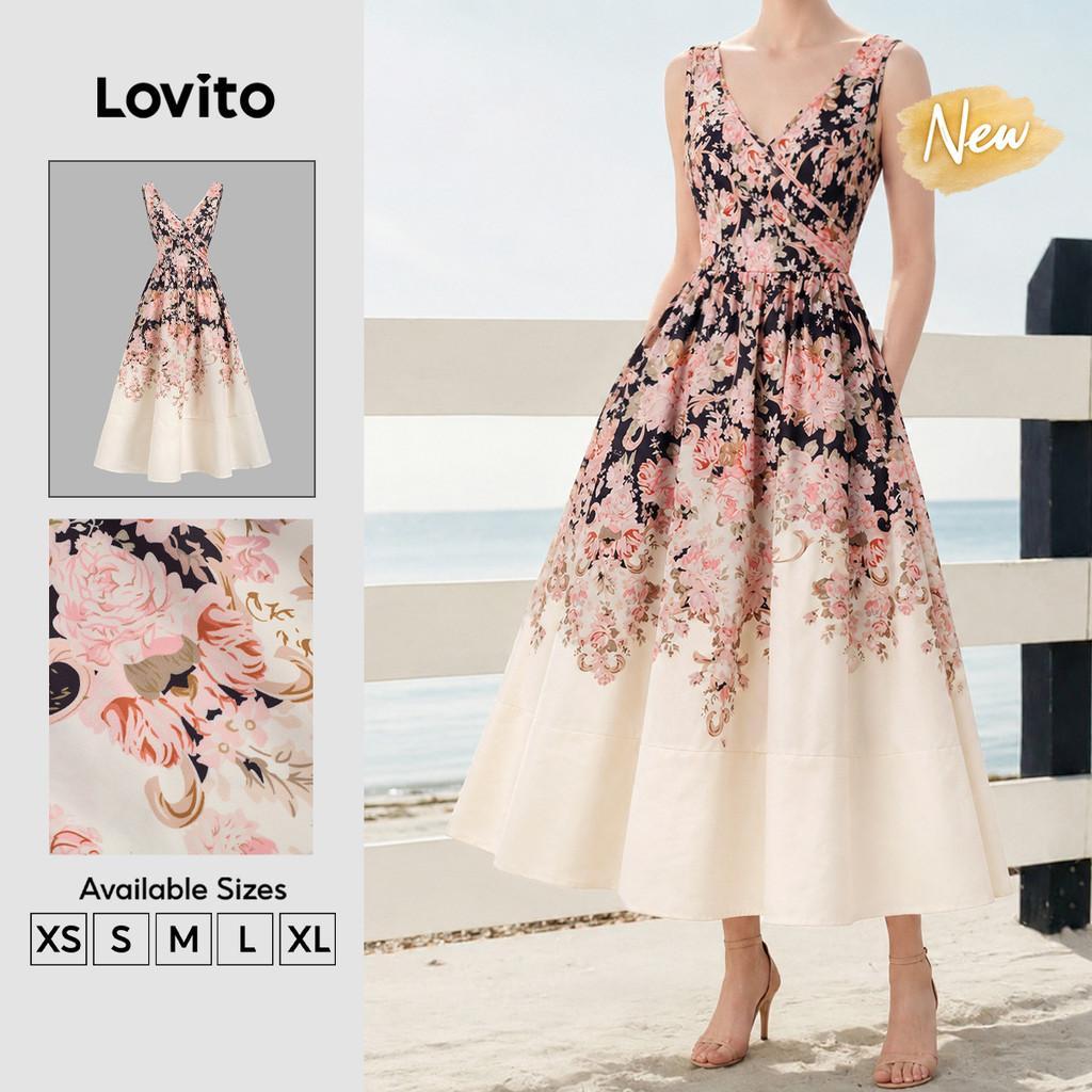 (New Arrival) Lovito Vestido Elegante com Babados Na Bainha e Estampa Enrugada para Mulheres Primavera/Verão DRB202P2D107