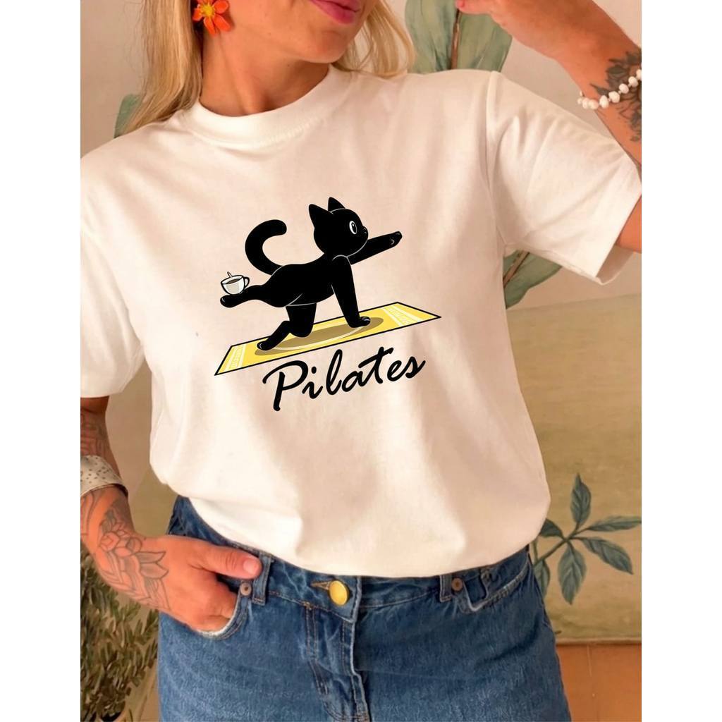 Camiseta Básica Estampada Blusa Feminina Gatinho do Pilates Estilosa 100% Algodão Camisa Blusinha
