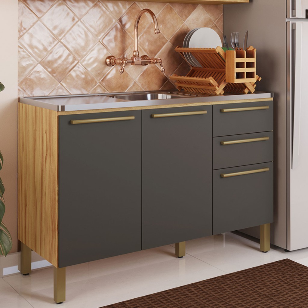 Balcão de Cozinha para Pia 120 Cm Napoli 3 Portas 2 Gavetas 100% Mdf