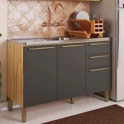 Balcão de Cozinha para Pia 120 Cm Napoli 3 Portas 2 Gavetas 100% Mdf