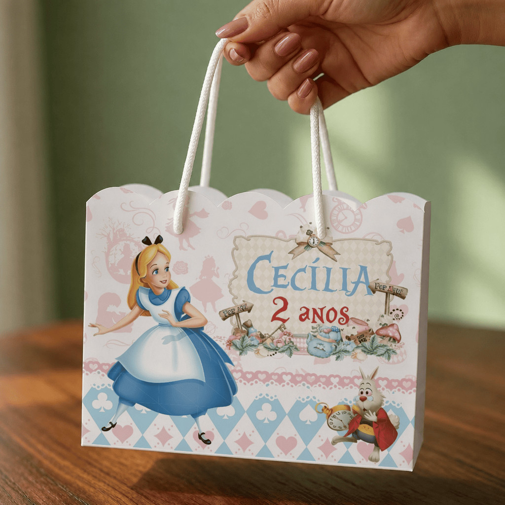 Sacolinhas Aniversário Personalizadas Festa Alice No Pais das Maravilhas (20x15x7cm) Envio Rápido
