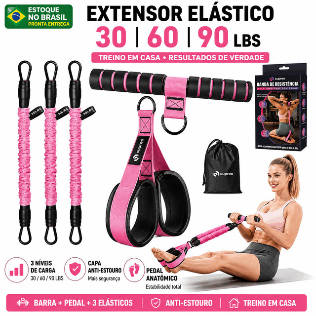 Extensor Elástico com Pedal Barra 3 Níveis 30 60 90LBS Treino Academia em Casa Glúteos Pernas Pilates Funcional