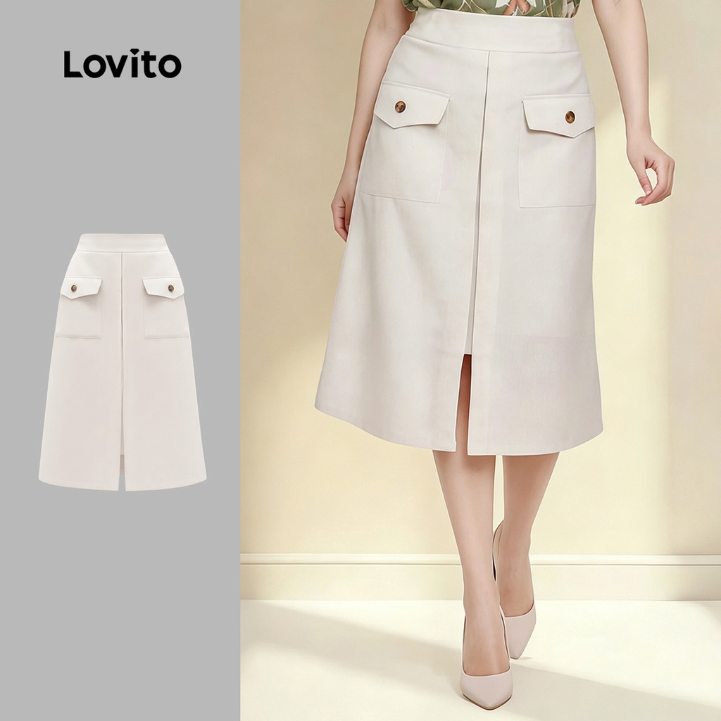 (New Arrival) Lovito Saias Elegantes com Botão Na Frente e Fenda Primavera/verão