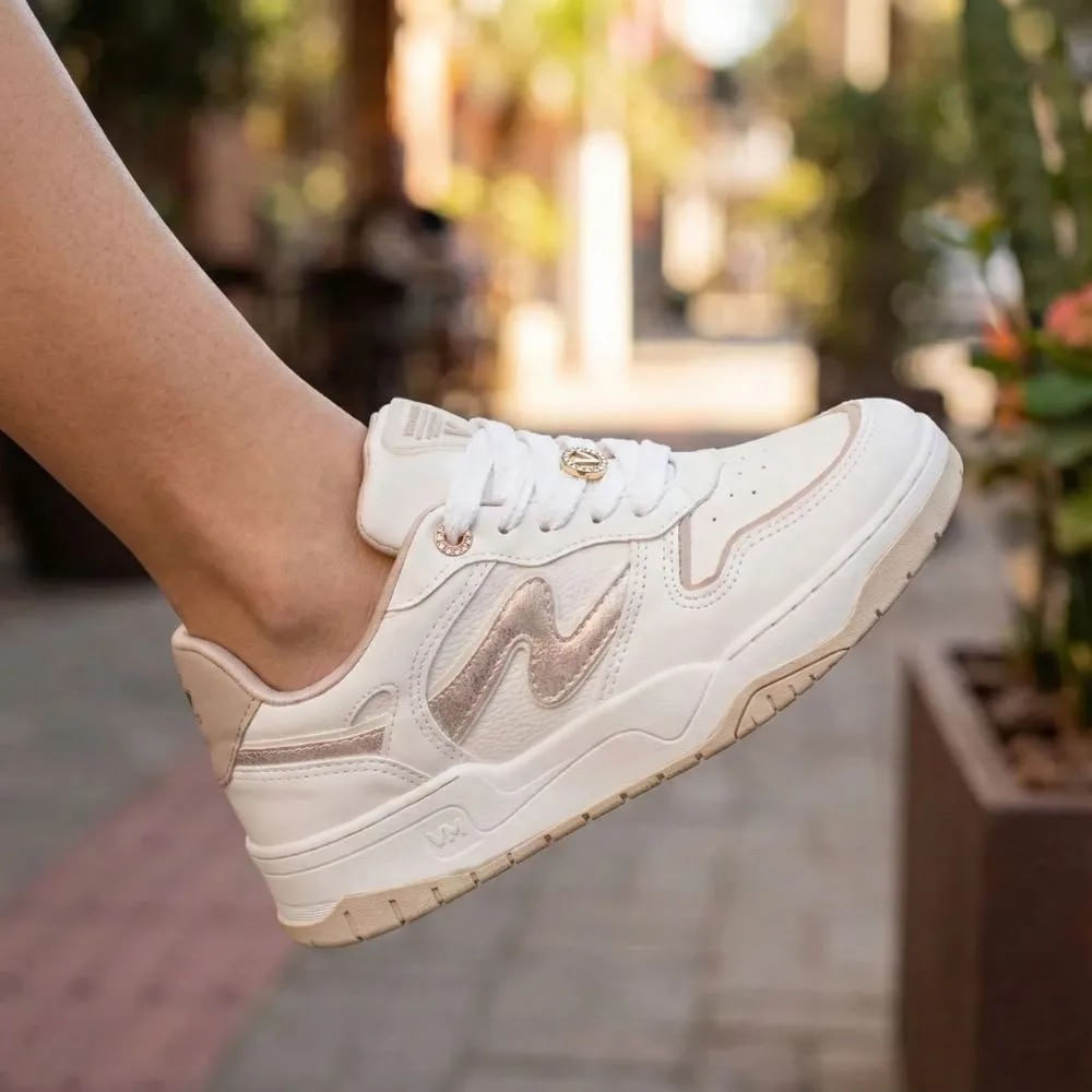 Tênis Feminino Via Marte Flatform Detalhe Metalizado Branco/Bege