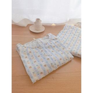 Leite azul urso pijamas feminino verão puro algodão gaze manga curta em torno do pescoço manga longa bonito estudante pr