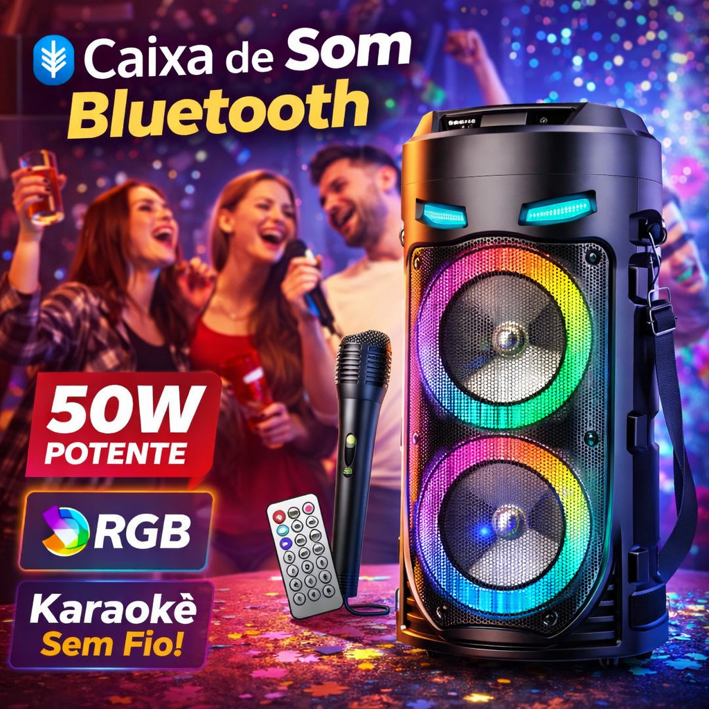 Caixa de Som Bluetooth 50W RGB Portátil com Microfone Karaokê TWS FM USB Bateria 1800mAh XDG-138