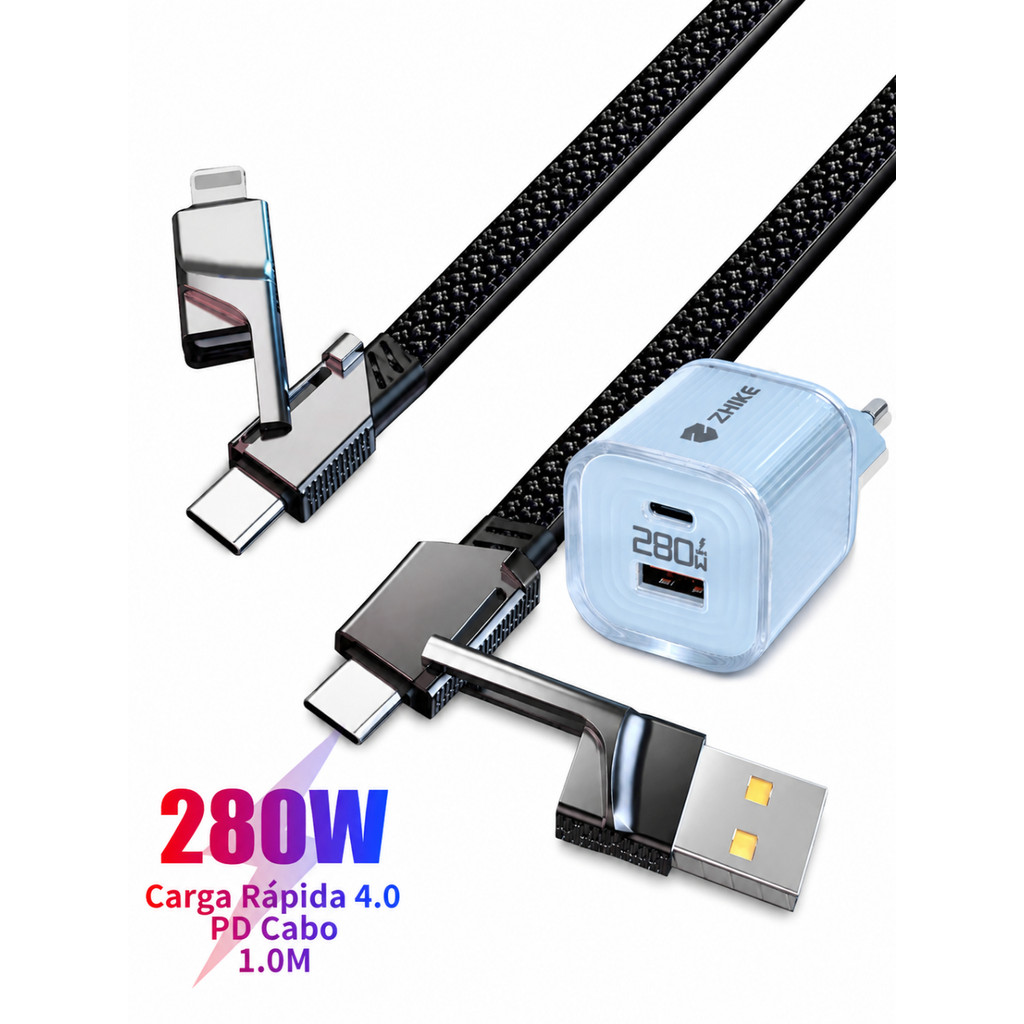 ZHIKE Original Cabo Carregador 280W Carregamento Rápido Adaptador GaN 4 em 1 Tipo C iP 1M Nylon Trançado Universal Dados