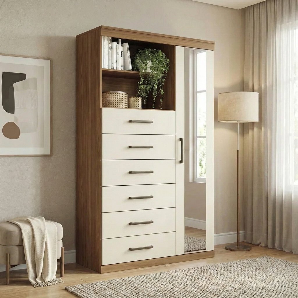 Cômoda Sapateira Multiuso 6 Gavetas 1 Porta com Espelho Marabá Jatobá/Areia Marrom/Jatoba Jatoba/Areia