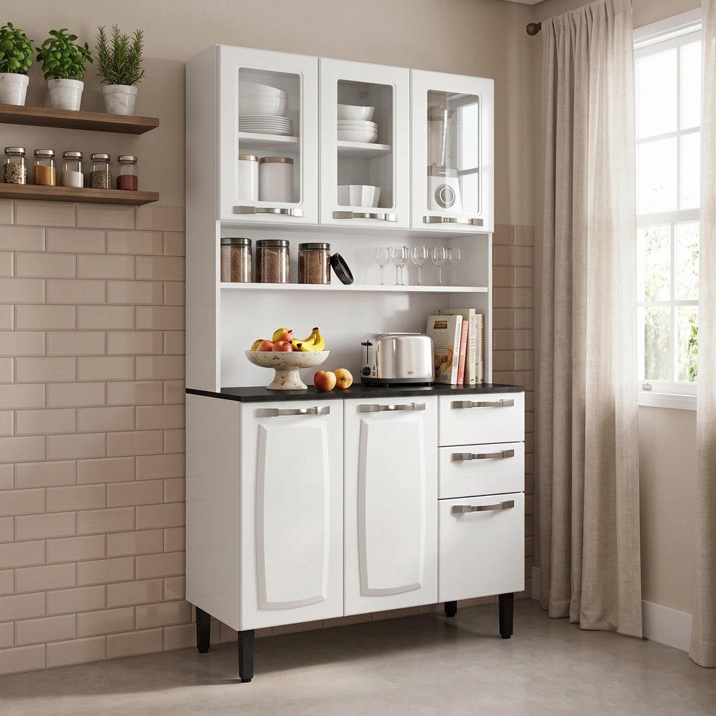 Armário de Cozinha em Aço com Vidro e Bancada 6 Portas 2 Gavetas 195 x 105cm Pratika Itatiaia Branco Branco