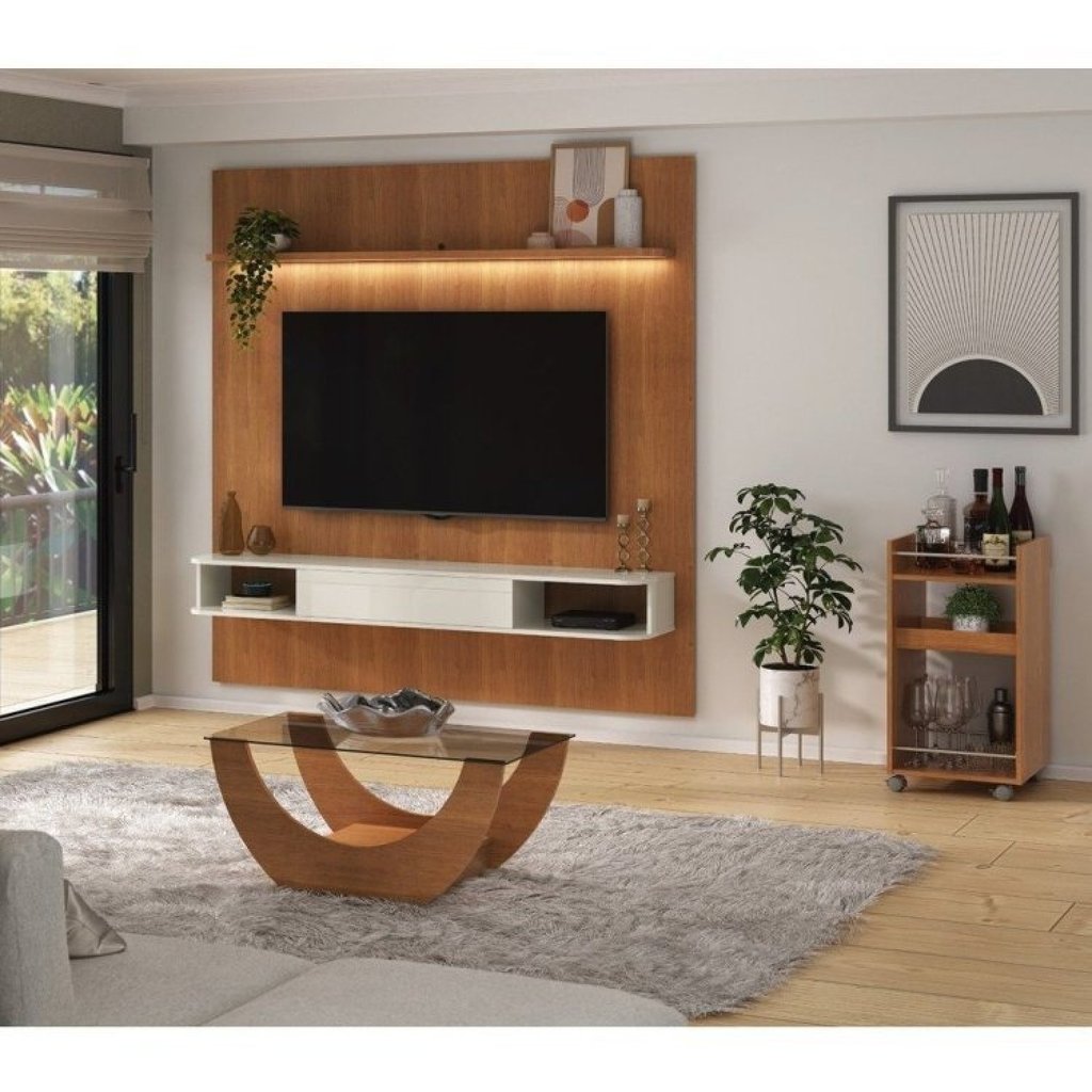 Conjunto Sala de Estar Painel para TV até 75 pol Atenas com Mesa de Centro Onda e Carrinho Bar Brito Marrom 100% MDF