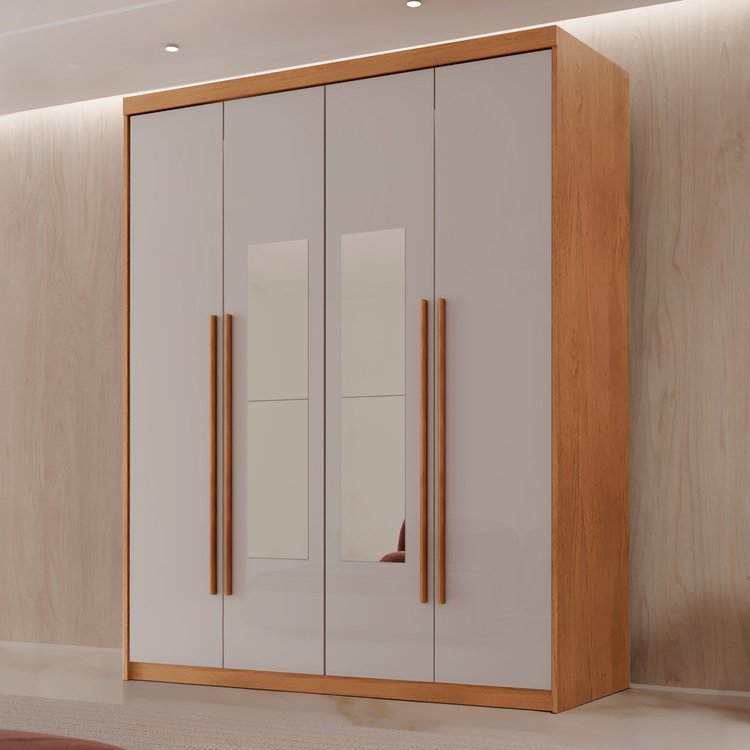 Guarda Roupa Solteiro 4 Portas 2 Gavetas com Espelho MDF Veracruz Off White/Marromle Naturalle/Off White