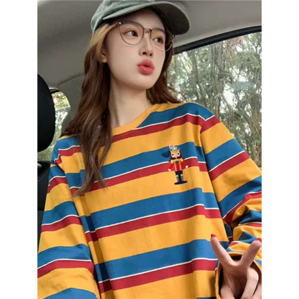 Amarelo listrado Street Wear manga comprida camiseta feminina verão 2025 novo estilo estilo fino estilo preguiçoso solto