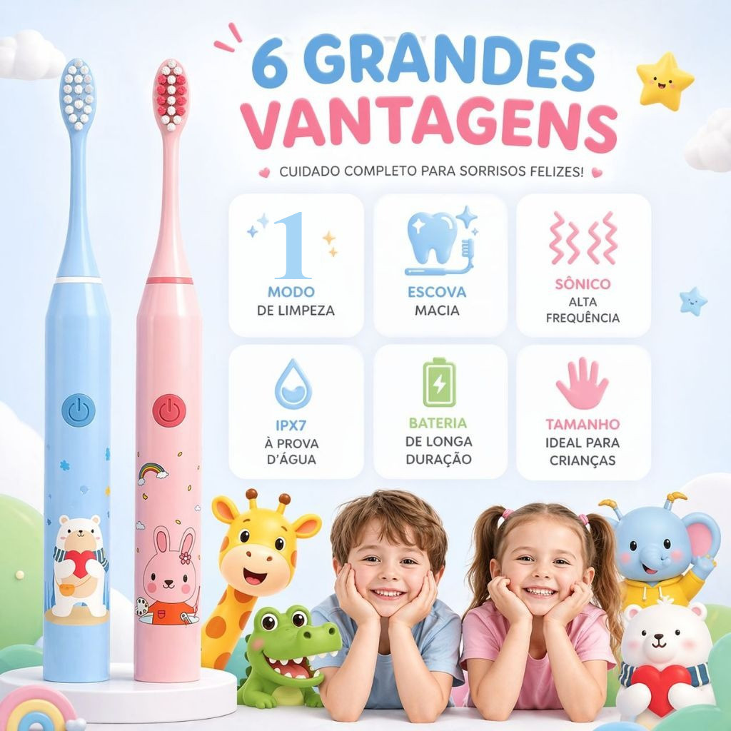 Escova de Dente Elétrica Infantil Sônica + 2 Cabeças Cerdas Macias à Prova D’água — imagem 2 de 2