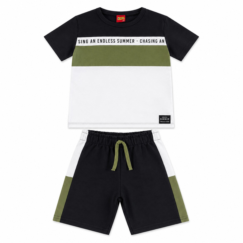 Conjunto Infantil Menino Kyly Verão Camiseta e Bermuda Estampada Listrada Algodão Leve Moderno Moda Kids