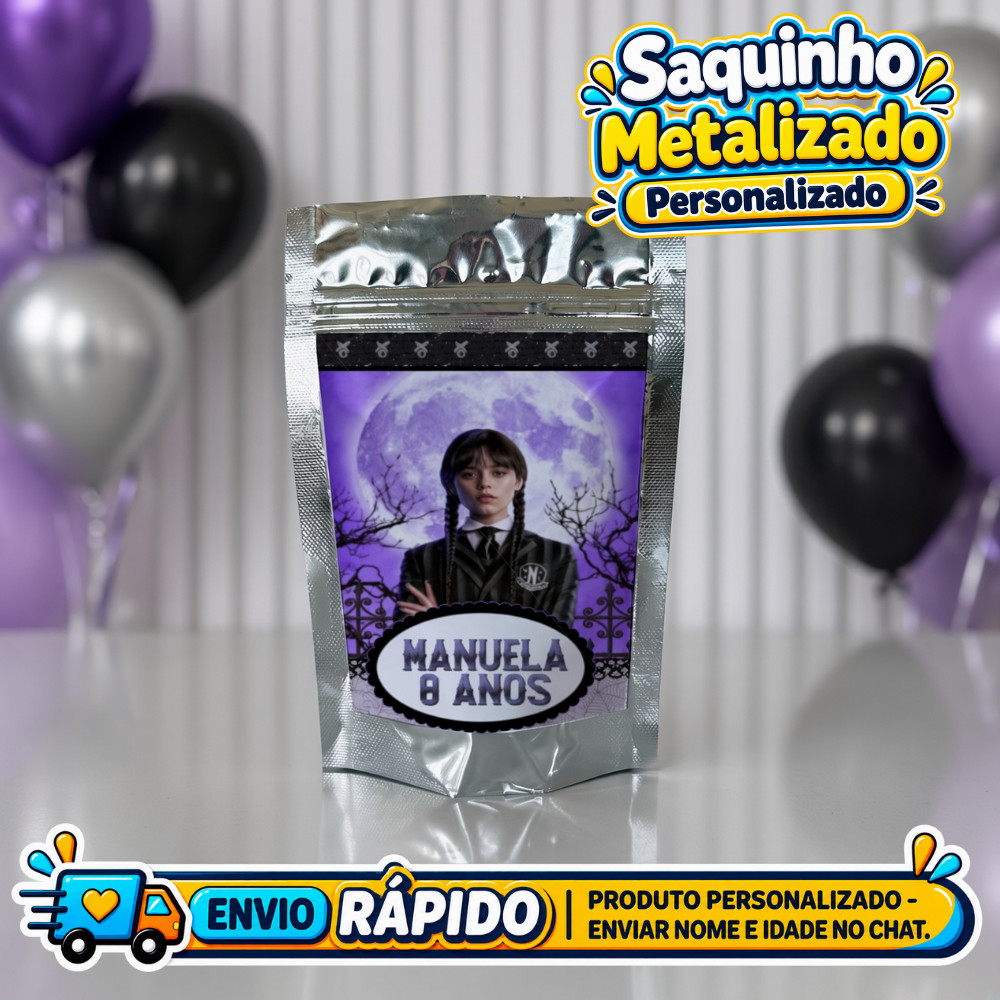 Saquinho Metalizado Wandinha Personalizado / Lembrancinha de Festa /Aniversário