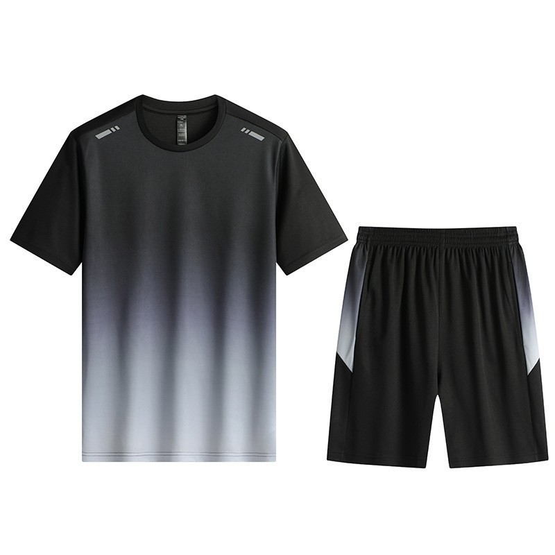 Conjunto esportivo masculino de verão em seda gelada com gradiente, de secagem rápida e respirável, com camiseta de mang