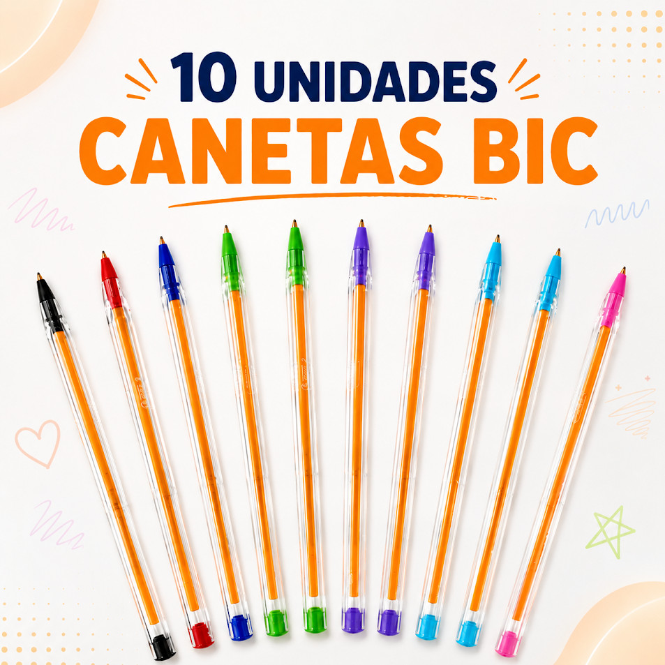 Kit 10 Caneta Cristal Ponta Fina 0.8mm Bic Corpo Transparente Coloridas