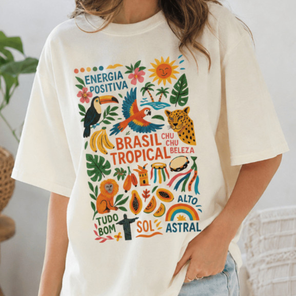 Camiseta Feminina Tshirt Básica 100% Algodão Blusa Casual Academia Confortável Brasil Tropical Arara Estilosa