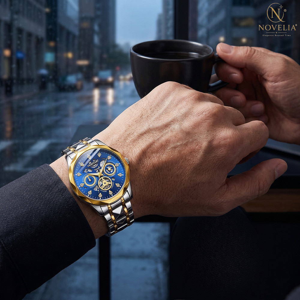 Novo luminoso Lux diário aço banda relógio masculino em relevo oco automático quartzo relógio masculino