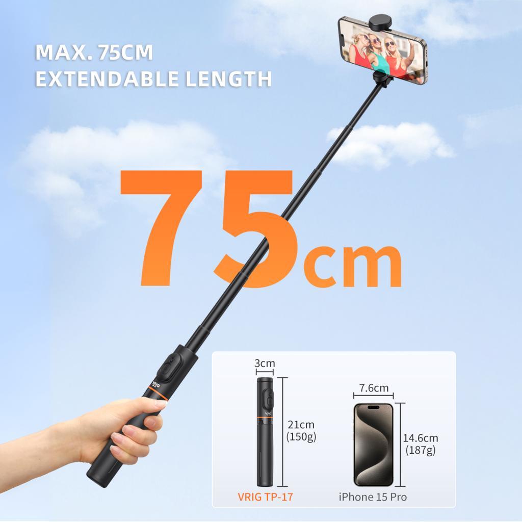 VRIG TP-17 Selfie Stick Tripé 75cm Telefone extensível com obturador remoto 2 em 1 portátil e desktop para Vlog Live