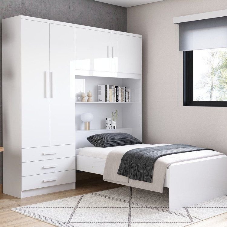 Guarda-Roupa Solteiro 4 Portas com Cama de Solteiro Cancun Yescasa Branco/Lilás Branco/Lilás