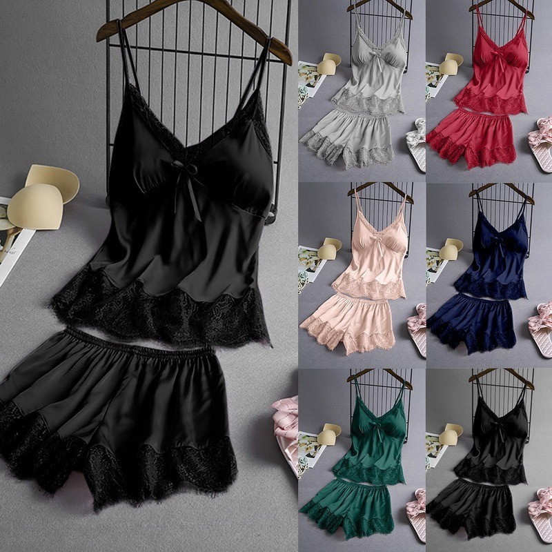 Senhoras pijama emocional loungewear terno de duas peças com copo novo estilo estilingue renda cetim loungewear terno de