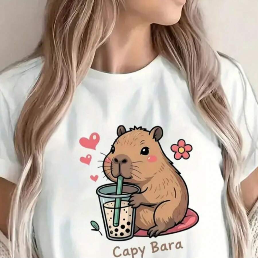 Camisa Feminina, 100%algodão, Estampa Fofa Capybara, Casual, Unissex , Modelo Verão, Gola Redonda