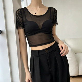  Camisa de manga curta com gaze Patchwork de renda 