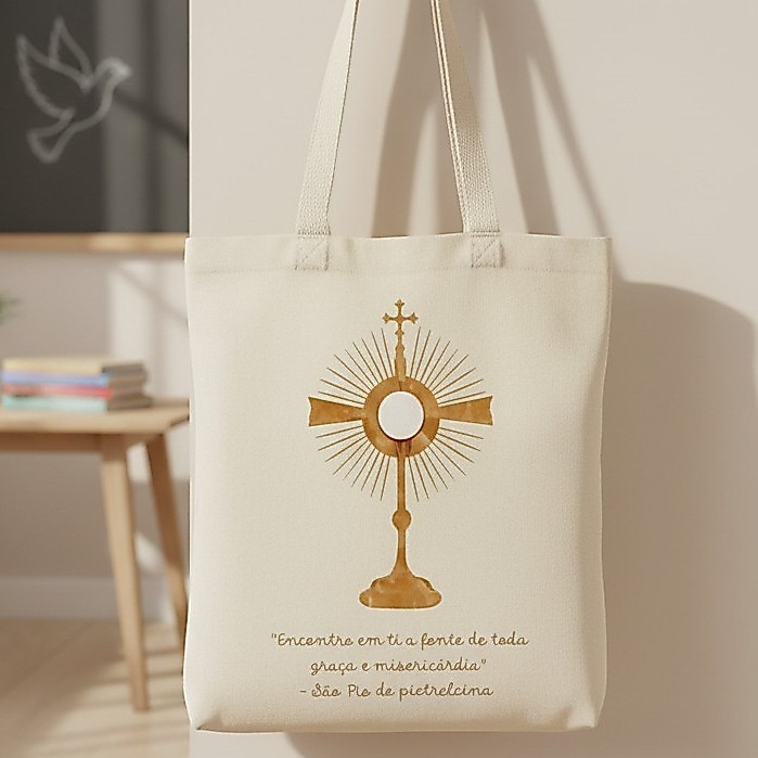 Bolsa de tecido cru Ecobag estilosa Ecobag Católica Santíssimo Sacramento- Sacola Bolsa Reutilizável Sagrada Hóstia com