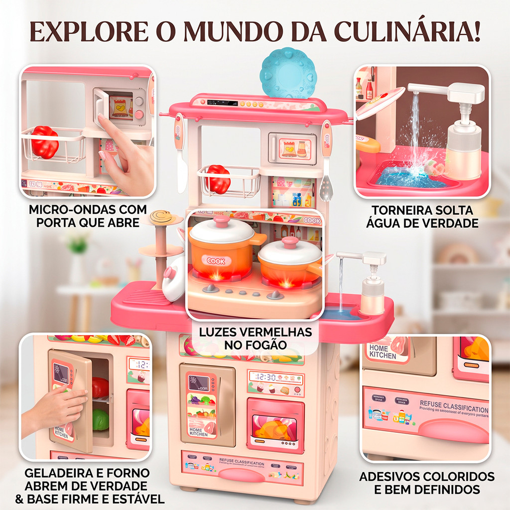 Cozinha Infantil Grande Completa Fogão Pia Geladeira Forno Água De Verdade Luz e Som Brinquedo Meninas — imagem 2 de 2