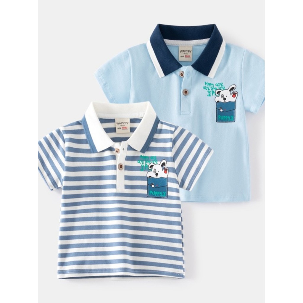 Crianças frescas bonito dos desenhos animados impresso camiseta Preppy cor sólida POLO listras criança exterior Wear men