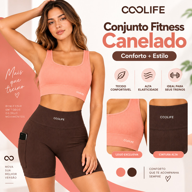 Conjunto Fitness Feminino Coral + Marrom Top e Short Canelado com Bolso