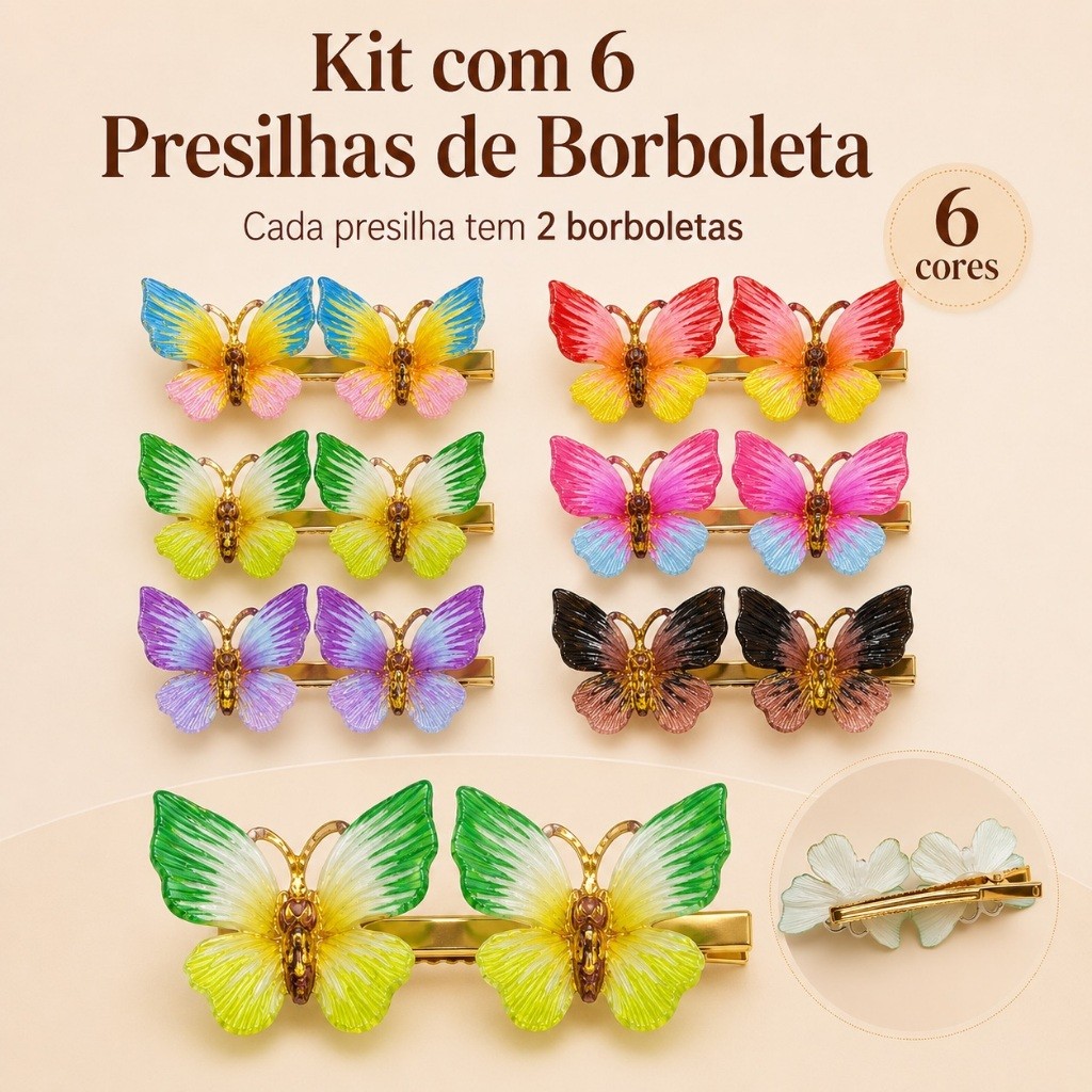 Presilha de Cabelo com 2 Borboletas Coloridas – Clip Feminino Delicado para Penteados