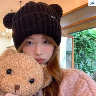 Chapéu De Malha Com Orelha De Urso – Gorro De Lã Gato Letras De Caveira Para O Inverno Quente